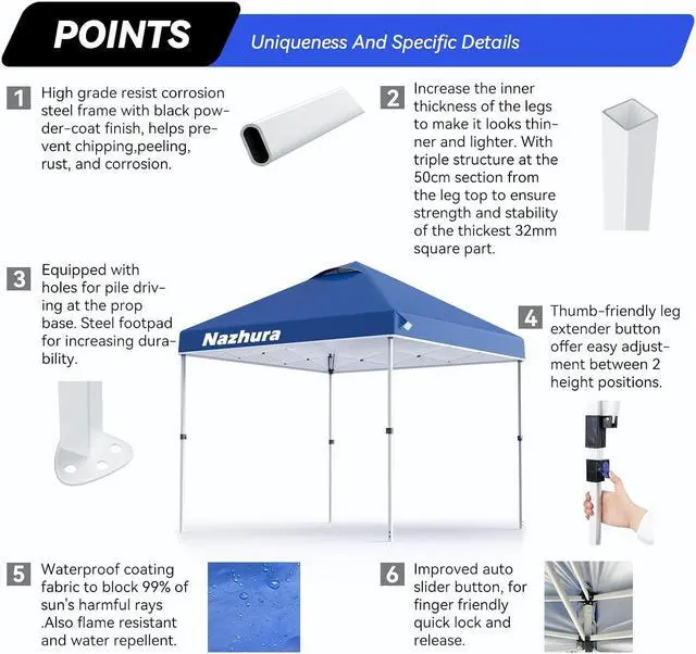 Alt view image 5 of 7 - Nazhura 10' x 10' Pop Up Canopy Tent with Sand Weight Bag, Freestanding Sun Shelter for Picnic and Camping, One Person Setup and Height Adjustable (Blue)