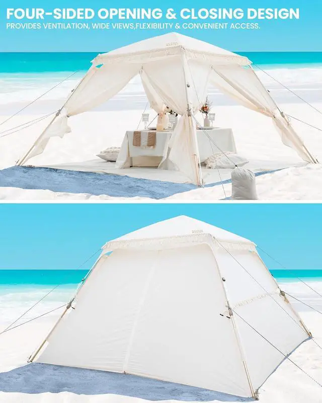 Alt view image 2 of 7 - Pop Up Beach Tent with Fringe for 4 Person, Easy Setup and Portable Beach Shade Sun Shelter Canopy with UPF 50+ UV Protection, 11MM Thick Pole