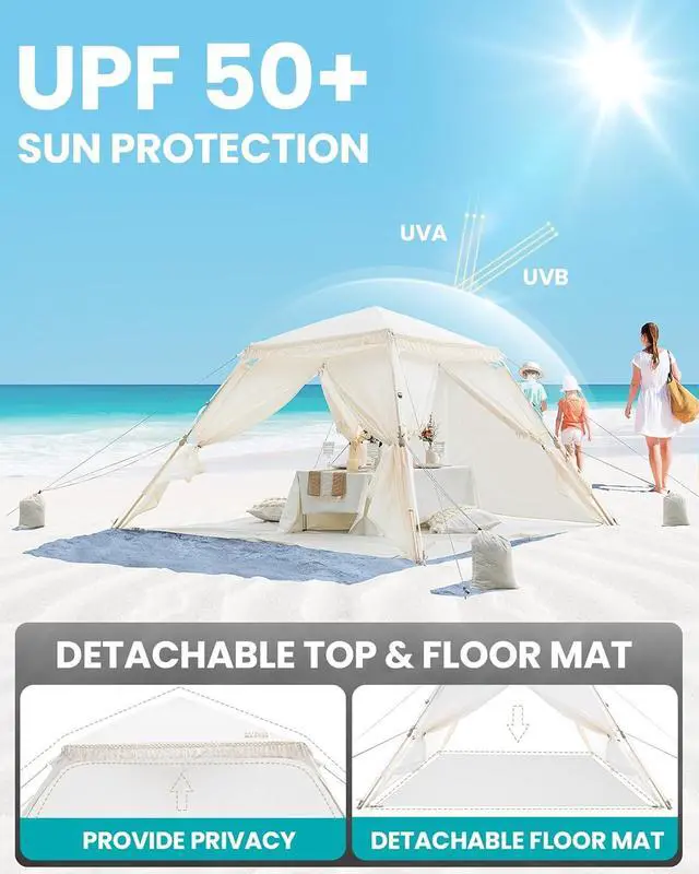 Alt view image 3 of 7 - Pop Up Beach Tent with Fringe for 4 Person, Easy Setup and Portable Beach Shade Sun Shelter Canopy with UPF 50+ UV Protection, 11MM Thick Pole