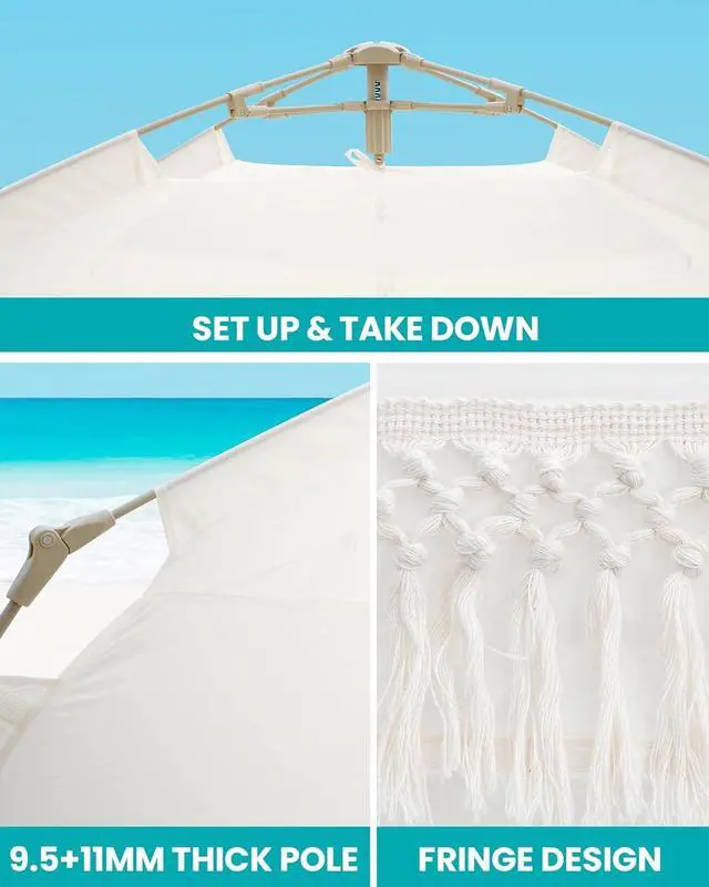 Alt view image 4 of 7 - Pop Up Beach Tent with Fringe for 4 Person, Easy Setup and Portable Beach Shade Sun Shelter Canopy with UPF 50+ UV Protection, 11MM Thick Pole