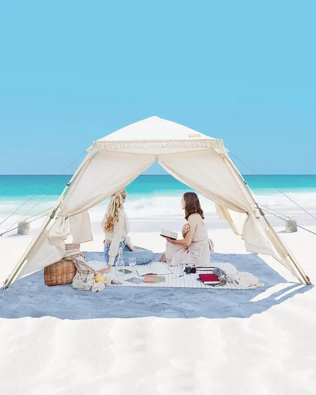 Alt view image 5 of 7 - Pop Up Beach Tent with Fringe for 4 Person, Easy Setup and Portable Beach Shade Sun Shelter Canopy with UPF 50+ UV Protection, 11MM Thick Pole