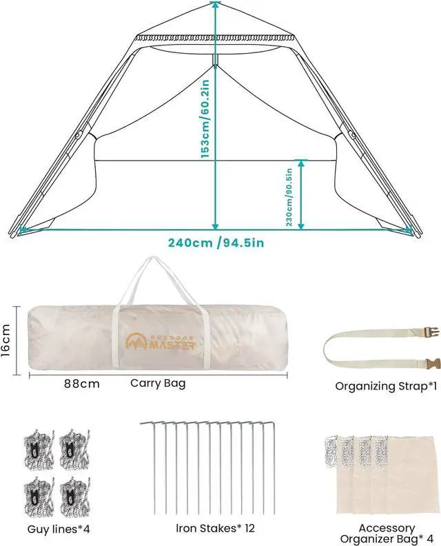 Alt view image 7 of 7 - Pop Up Beach Tent with Fringe for 4 Person, Easy Setup and Portable Beach Shade Sun Shelter Canopy with UPF 50+ UV Protection, 11MM Thick Pole