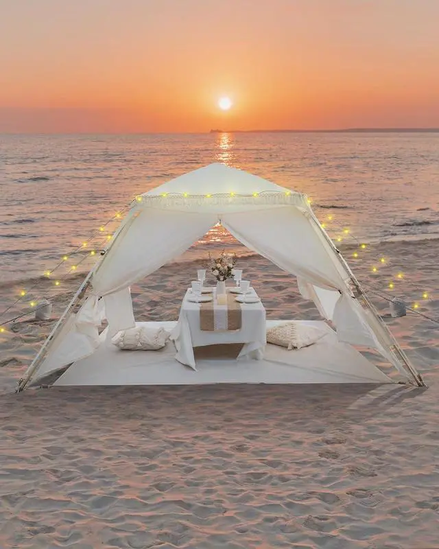 Alt view image 6 of 7 - Pop Up Beach Tent with Fringe for 4 Person, Easy Setup and Portable Beach Shade Sun Shelter Canopy with UPF 50+ UV Protection, 11MM Thick Pole