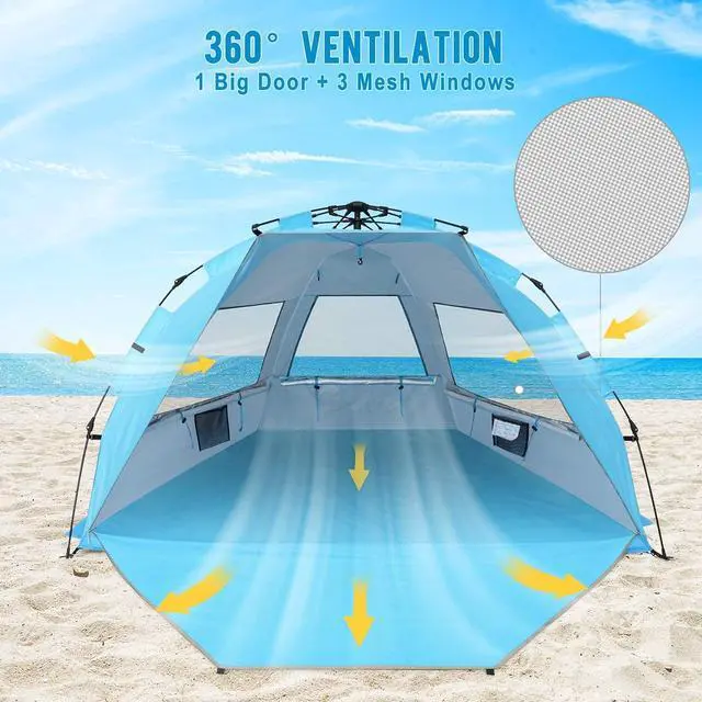Alt view image 5 of 6 - G4Free 3-4 Person Beach Tent Pop Up Shade, Lightweight UPF 50+ Beach Sun Shelter Family Size, Easy Setup and Portable Sun Shade Canopy Cabana(Bright Silver)
