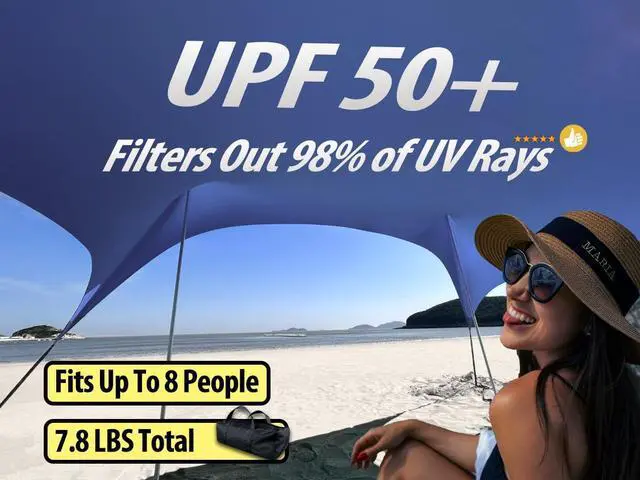 Alt view image 2 of 7 - 10×10ft UPF50+ Beach Tent Sun Shelter, Windproof Stable Outdoor Pop Up Beach Shade Canopy for Camping, Fishing, Backyard Fun or Picnics, 2 Poles