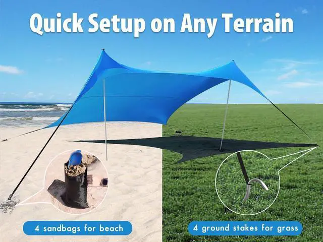 Alt view image 4 of 7 - 10×10ft UPF50+ Beach Tent Sun Shelter, Windproof Stable Outdoor Pop Up Beach Shade Canopy for Camping, Fishing, Backyard Fun or Picnics, 2 Poles