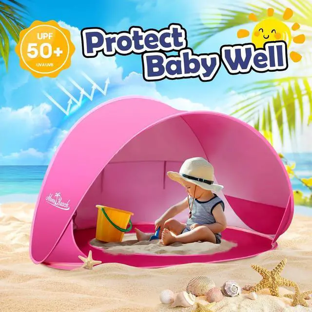 Alt view image 2 of 7 - Monobeach Baby Beach Tent Pop Up Portable Shade Pool UPF50+ UV Protection Sun Shelter for Infant with Easy Set Up Canopy (Pink Beach Tent)