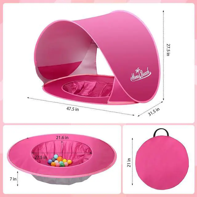 Alt view image 7 of 7 - Monobeach Baby Beach Tent Pop Up Portable Shade Pool UPF50+ UV Protection Sun Shelter for Infant with Easy Set Up Canopy (Pink Beach Tent)
