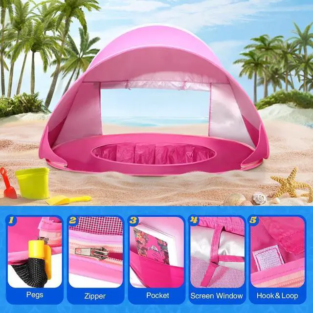 Alt view image 5 of 7 - Monobeach Baby Beach Tent Pop Up Portable Shade Pool UPF50+ UV Protection Sun Shelter for Infant with Easy Set Up Canopy (Pink Beach Tent)