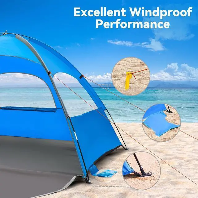 Alt view image 2 of 7 - Beach Tent, 2-3 Person Sun Shade Shelter with UPF50+ Protection Extended Floor & 3 Ventilating Roll Up Windows Carrying Bag Stakes and Tiedown Strings