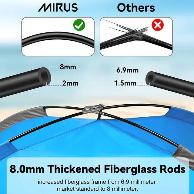 Alt view image 3 of 7 - Beach Tent, 2-3 Person Sun Shade Shelter with UPF50+ Protection Extended Floor & 3 Ventilating Roll Up Windows Carrying Bag Stakes and Tiedown Strings