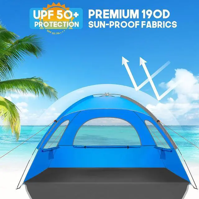Alt view image 4 of 7 - Beach Tent, 2-3 Person Sun Shade Shelter with UPF50+ Protection Extended Floor & 3 Ventilating Roll Up Windows Carrying Bag Stakes and Tiedown Strings