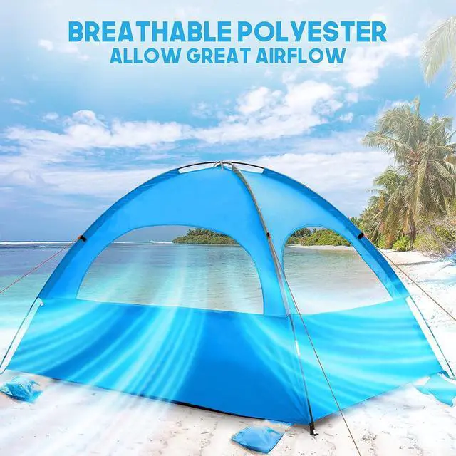 Alt view image 5 of 7 - Beach Tent, 2-3 Person Sun Shade Shelter with UPF50+ Protection Extended Floor & 3 Ventilating Roll Up Windows Carrying Bag Stakes and Tiedown Strings