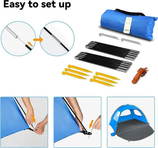 Alt view image 6 of 7 - Beach Tent, 2-3 Person Sun Shade Shelter with UPF50+ Protection Extended Floor & 3 Ventilating Roll Up Windows Carrying Bag Stakes and Tiedown Strings