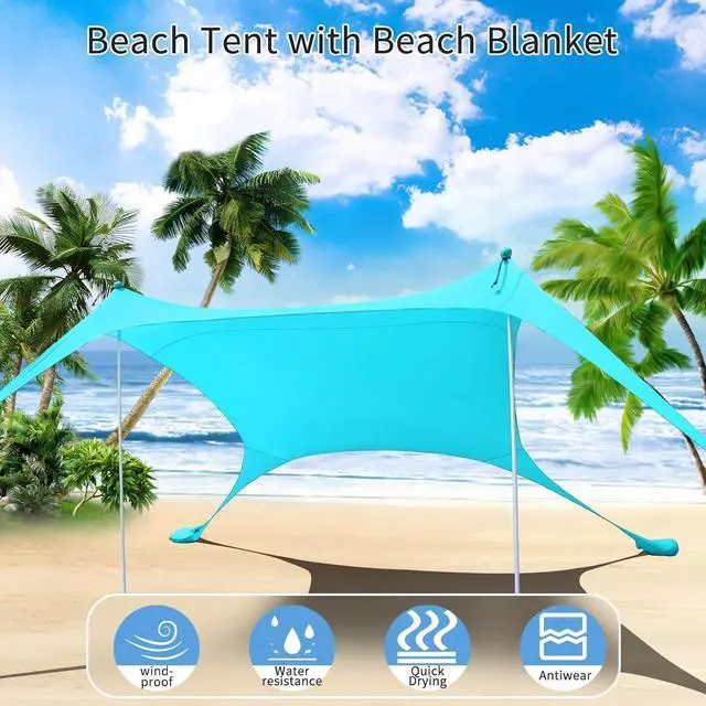Alt view image 2 of 7 - 7×7 FT Beach Tent Sun Shelter UPF50+ UV Protection, Outdoor Canopy Tent Sun Shade with 2 Poles for Camping, Beach, Fishing, Backyard and Picnics