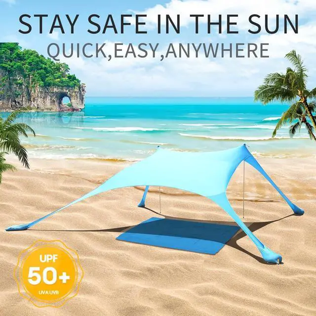 Alt view image 4 of 7 - 7×7 FT Beach Tent Sun Shelter UPF50+ UV Protection, Outdoor Canopy Tent Sun Shade with 2 Poles for Camping, Beach, Fishing, Backyard and Picnics
