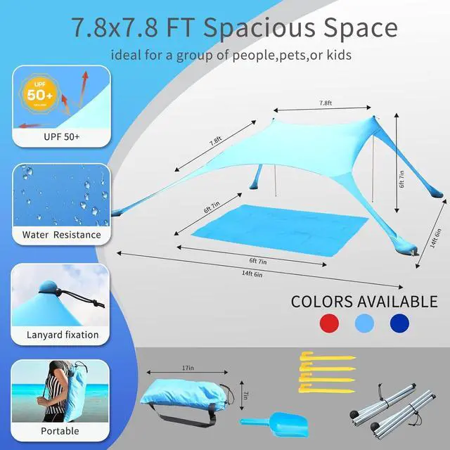 Alt view image 6 of 7 - 7×7 FT Beach Tent Sun Shelter UPF50+ UV Protection, Outdoor Canopy Tent Sun Shade with 2 Poles for Camping, Beach, Fishing, Backyard and Picnics
