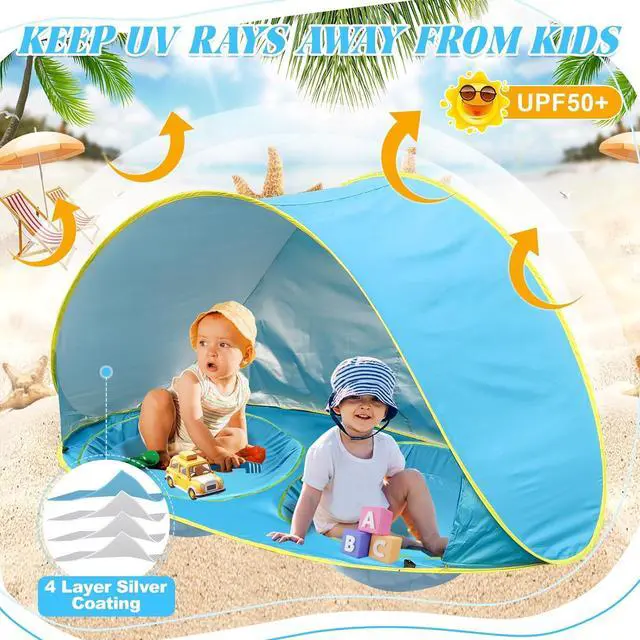 Alt view image 2 of 6 - Baby Beach Tent-2 Pools Baby Pop Up Tent,UPF 50+ Sunshade Toddler Tent with Carry Bag, Portable Baby Travel Tent for Beach,Camping,Indoor