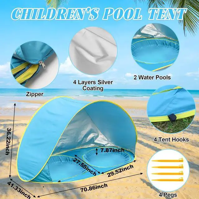 Alt view image 4 of 6 - Baby Beach Tent-2 Pools Baby Pop Up Tent,UPF 50+ Sunshade Toddler Tent with Carry Bag, Portable Baby Travel Tent for Beach,Camping,Indoor