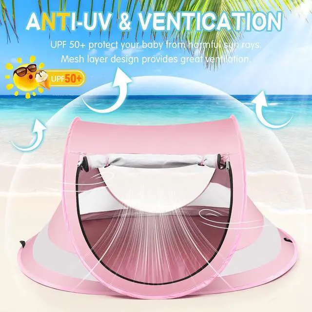 Alt view image 3 of 6 - Baby Beach Tent,Large Pop Up Beach Tent Sun Shade for Beach,Portable Baby Travel Tent with Mosquito Net,Indoor Baby Play Tent,UPF 50+ UV Protection Sun Shelters (Pink)