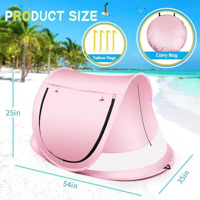 Alt view image 4 of 6 - Baby Beach Tent,Large Pop Up Beach Tent Sun Shade for Beach,Portable Baby Travel Tent with Mosquito Net,Indoor Baby Play Tent,UPF 50+ UV Protection Sun Shelters (Pink)