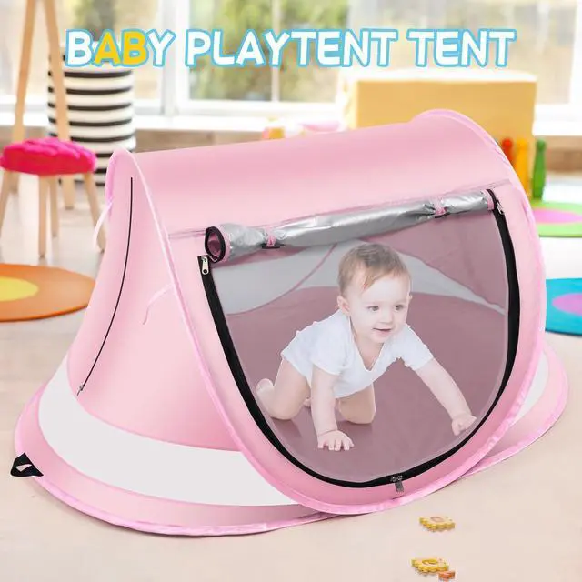 Alt view image 5 of 6 - Baby Beach Tent,Large Pop Up Beach Tent Sun Shade for Beach,Portable Baby Travel Tent with Mosquito Net,Indoor Baby Play Tent,UPF 50+ UV Protection Sun Shelters (Pink)
