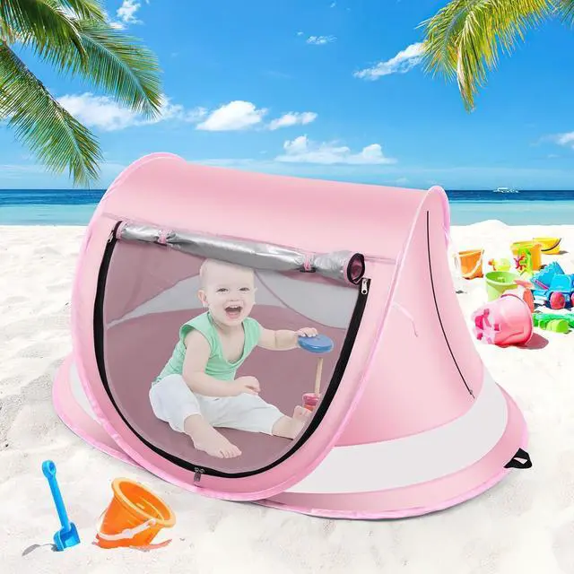 Alt view image 6 of 6 - Baby Beach Tent,Large Pop Up Beach Tent Sun Shade for Beach,Portable Baby Travel Tent with Mosquito Net,Indoor Baby Play Tent,UPF 50+ UV Protection Sun Shelters (Pink)