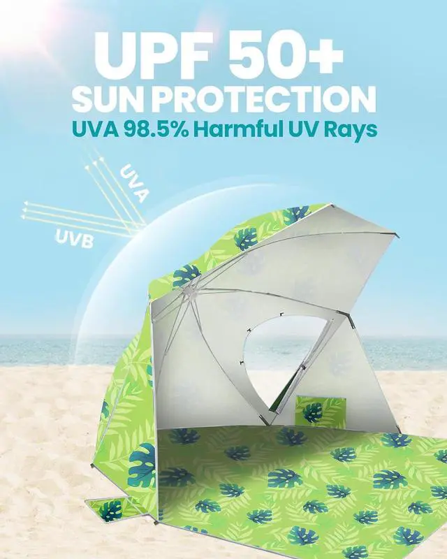 Alt view image 3 of 7 - Pop Up Beach Umbrella, Portable Beach Tent Shelter, Beach Shade Sun Canopy with UPF 50+ UV Protection, Extendable Floor with Carrying Bag