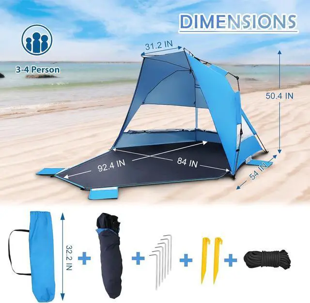 Alt view image 4 of 7 - EAGLE PEAK Instant Beach Tent, Beach Canopy Tent Sun Shade with Windows, 3-4 Person Pop up Beach Shade Tent with UPF50+ UV Protection, Easy Setup Cabana Beach Shade, Light Blue