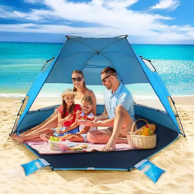 Alt view image 5 of 7 - EAGLE PEAK Instant Beach Tent, Beach Canopy Tent Sun Shade with Windows, 3-4 Person Pop up Beach Shade Tent with UPF50+ UV Protection, Easy Setup Cabana Beach Shade, Light Blue
