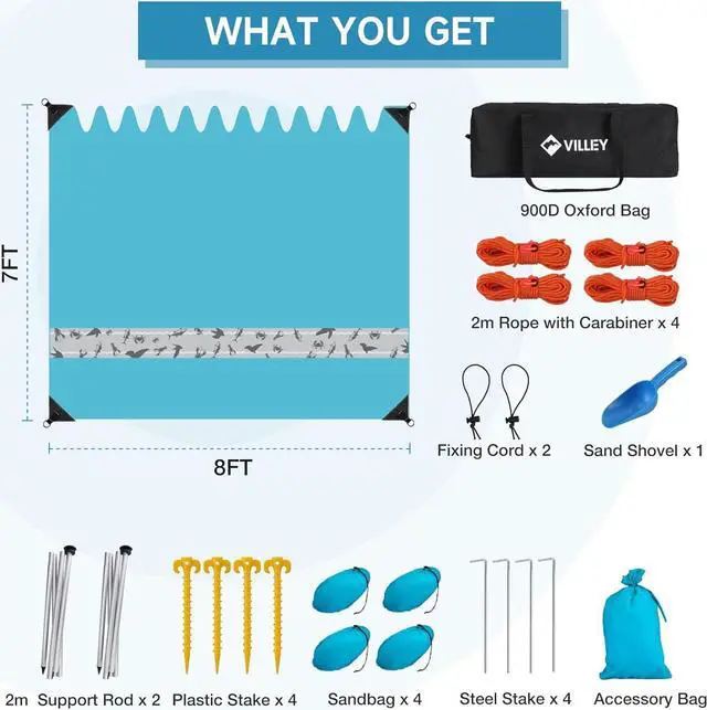 Alt view image 2 of 7 - VILLEY Beach Tent Sun Shelter with UPF50+ Protection for 5 Person, 8x7FT Portable Sun Shade with 2 Stability Poles and 4 Sandbags, Outdoor Beach Canopy for Camping, Picnics, Fishing, Outdoors(Blue)