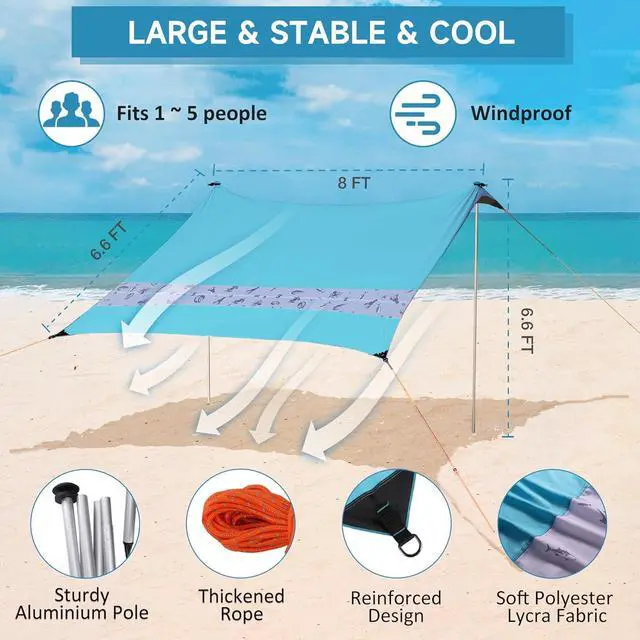 Alt view image 4 of 7 - VILLEY Beach Tent Sun Shelter with UPF50+ Protection for 5 Person, 8x7FT Portable Sun Shade with 2 Stability Poles and 4 Sandbags, Outdoor Beach Canopy for Camping, Picnics, Fishing, Outdoors(Blue)