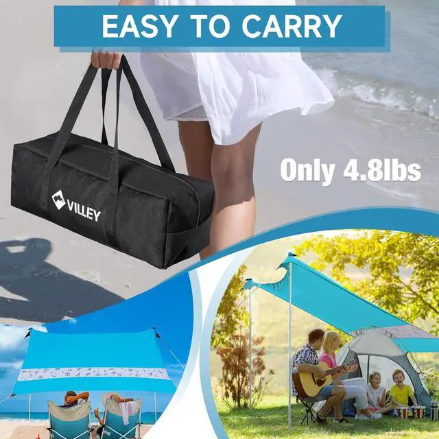 Alt view image 6 of 7 - VILLEY Beach Tent Sun Shelter with UPF50+ Protection for 5 Person, 8x7FT Portable Sun Shade with 2 Stability Poles and 4 Sandbags, Outdoor Beach Canopy for Camping, Picnics, Fishing, Outdoors(Blue)