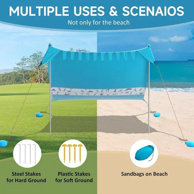 Alt view image 5 of 7 - VILLEY Beach Tent Sun Shelter with UPF50+ Protection for 5 Person, 8x7FT Portable Sun Shade with 2 Stability Poles and 4 Sandbags, Outdoor Beach Canopy for Camping, Picnics, Fishing, Outdoors(Blue)