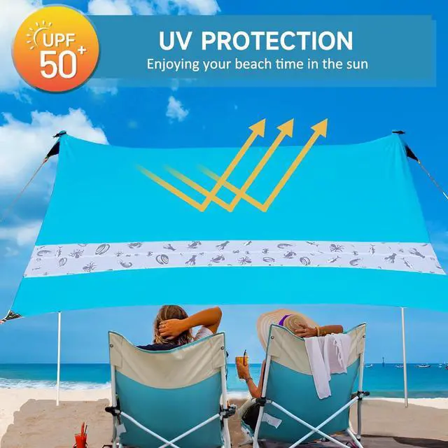 Alt view image 3 of 7 - VILLEY Beach Tent Sun Shelter with UPF50+ Protection for 5 Person, 8x7FT Portable Sun Shade with 2 Stability Poles and 4 Sandbags, Outdoor Beach Canopy for Camping, Picnics, Fishing, Outdoors(Blue)