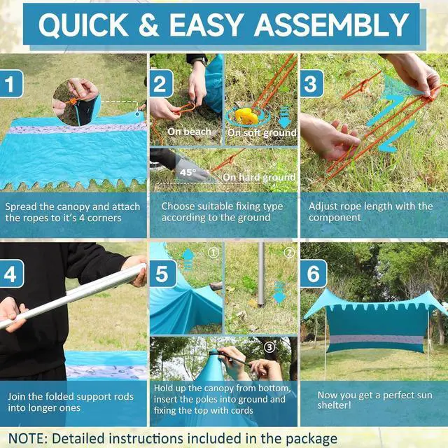 Alt view image 7 of 7 - VILLEY Beach Tent Sun Shelter with UPF50+ Protection for 5 Person, 8x7FT Portable Sun Shade with 2 Stability Poles and 4 Sandbags, Outdoor Beach Canopy for Camping, Picnics, Fishing, Outdoors(Blue)