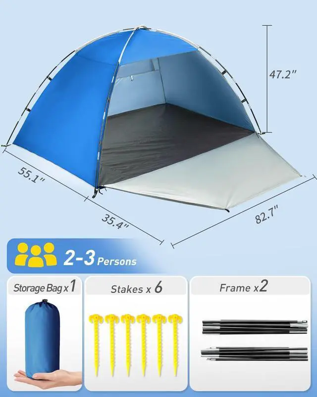Alt view image 2 of 7 - Beach Tent for 2-4 Persons, Beach Tent Sun Shelter UPF50+ UV Protection, Sun Shade Witch Huge Breathable Mesh Window, Easy Set up, for Beach, Camping, Fishing