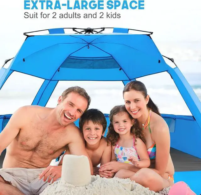 Alt view image 3 of 6 - Pop Up Beach Tent, Deluxe XL Sun Shade Shelter for 3-4 Person with UPF50+ Protection, Extendable Floor & 3 Ventilating Windows Carrying Bag Stakes and Guy Lines