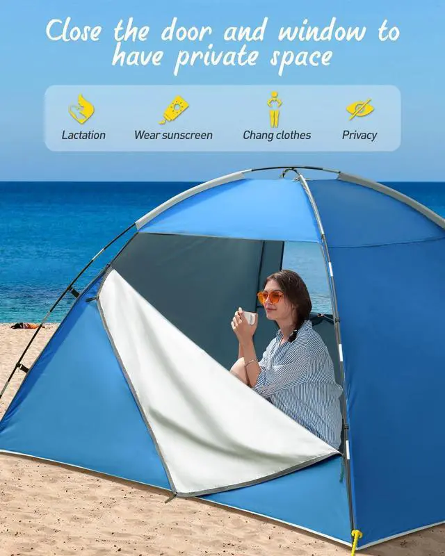 Alt view image 4 of 7 - Beach Tent for 2-4 Persons, Beach Tent Sun Shelter UPF50+ UV Protection, Sun Shade Witch Huge Breathable Mesh Window, Easy Set up, for Beach, Camping, Fishing