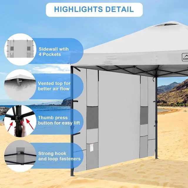 Alt view image 2 of 7 - KAMPKEEPER 10x10 Canopy Tent with Pockets Sidewall, Easy Pop Up Canopy Outdoor Shade with Vented Roof for Garden Commercial Outdoor Party, Portable Instant Camping Beach Canopy Tents (White)