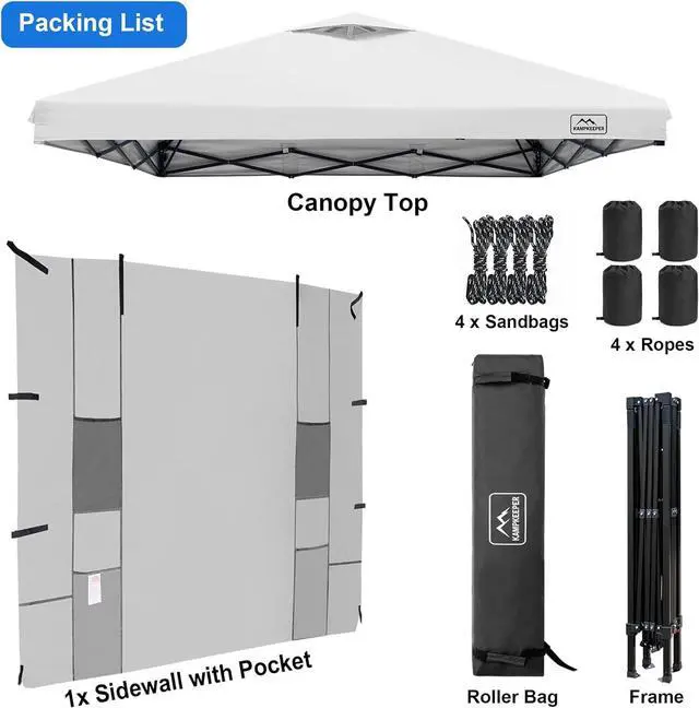 Alt view image 7 of 7 - KAMPKEEPER 10x10 Canopy Tent with Pockets Sidewall, Easy Pop Up Canopy Outdoor Shade with Vented Roof for Garden Commercial Outdoor Party, Portable Instant Camping Beach Canopy Tents (White)