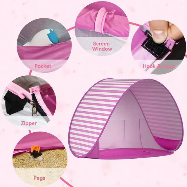 Alt view image 6 of 7 - Baby Beach Tent with Pool, UPF 50+ Beach Sun Shelter Outdoor Tent for Aged 0-3 Baby and Kids, Parks and Beach Shade Portable Mini Pool, Pink