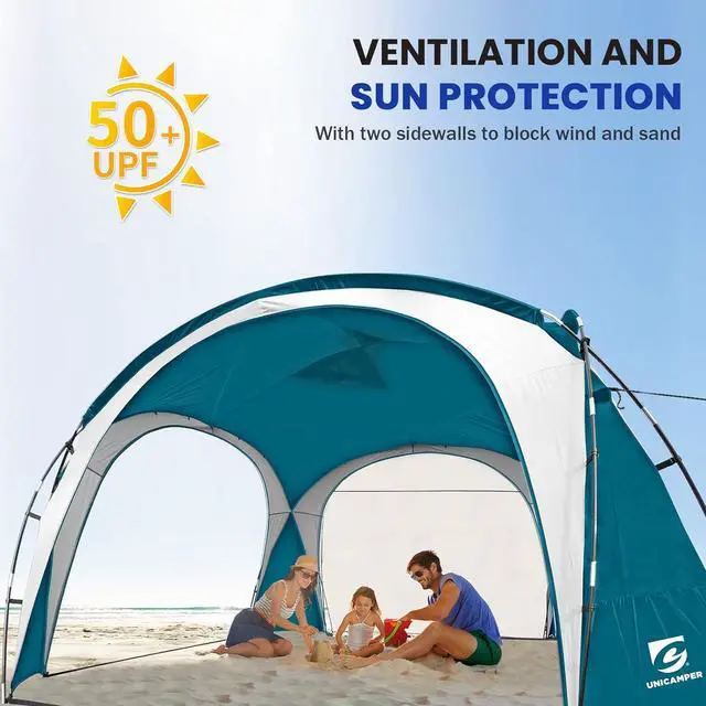 Alt view image 2 of 7 - Beach Tent 12 X 12ft Large UPF50+ Pop Up Canopy with 2-Pcs Side Wall, Sun Shelter Rainproof, Waterproof for Camping Trips, Backyard Fun, Fishing, Parties, Or Picnics(Ocean Blue)