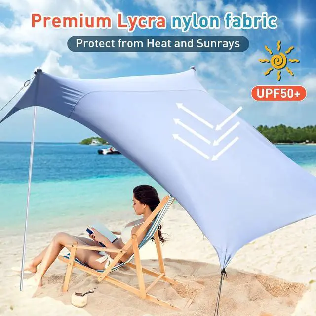 Alt view image 3 of 6 - Beach Tents Pop Up 4-5 Person UPF50+, Popup Canopy Shade Camping Sun Shelter Portable with Carrying Bag, Outdoor Sunshade for Trips, Fishing or Grass Picnic (7x7 Ft 2 Pole, Blue)
