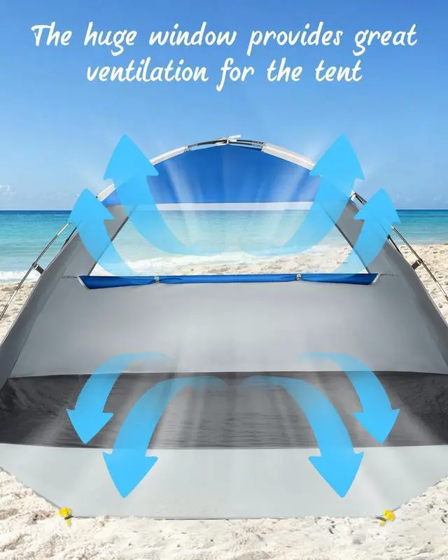 Alt view image 6 of 7 - Beach Tent for 2-4 Persons, Beach Tent Sun Shelter UPF50+ UV Protection, Sun Shade Witch Huge Breathable Mesh Window, Easy Set up, for Beach, Camping, Fishing