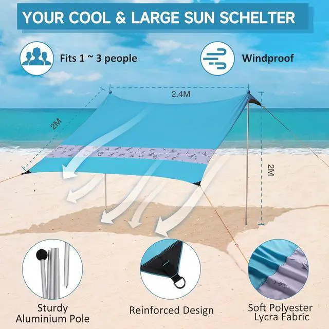 Alt view image 2 of 7 - Villey Beach Tent Sun Shelter with UPF50+ Protection, 8×7FT Portable Sun Shade with 2 Stability Poles, 8 Ground Pegs, 4 Sandbags and Sand Shovel, Outdoor Beach Canopy for Camping Trips, Picnics