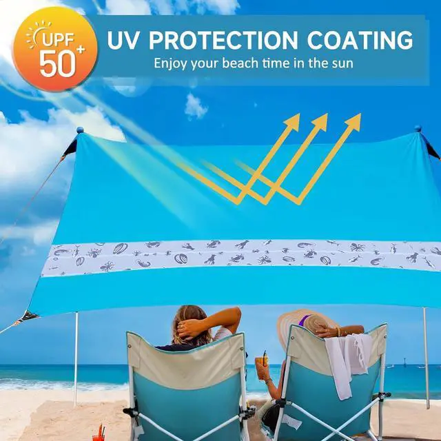 Alt view image 3 of 7 - Villey Beach Tent Sun Shelter with UPF50+ Protection, 8×7FT Portable Sun Shade with 2 Stability Poles, 8 Ground Pegs, 4 Sandbags and Sand Shovel, Outdoor Beach Canopy for Camping Trips, Picnics