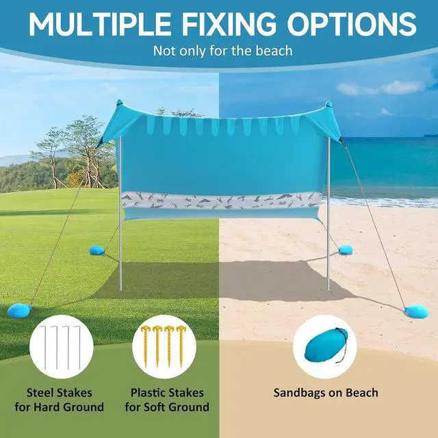 Alt view image 5 of 7 - Villey Beach Tent Sun Shelter with UPF50+ Protection, 8×7FT Portable Sun Shade with 2 Stability Poles, 8 Ground Pegs, 4 Sandbags and Sand Shovel, Outdoor Beach Canopy for Camping Trips, Picnics