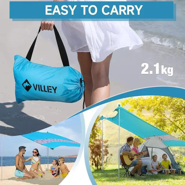 Alt view image 6 of 7 - Villey Beach Tent Sun Shelter with UPF50+ Protection, 8×7FT Portable Sun Shade with 2 Stability Poles, 8 Ground Pegs, 4 Sandbags and Sand Shovel, Outdoor Beach Canopy for Camping Trips, Picnics