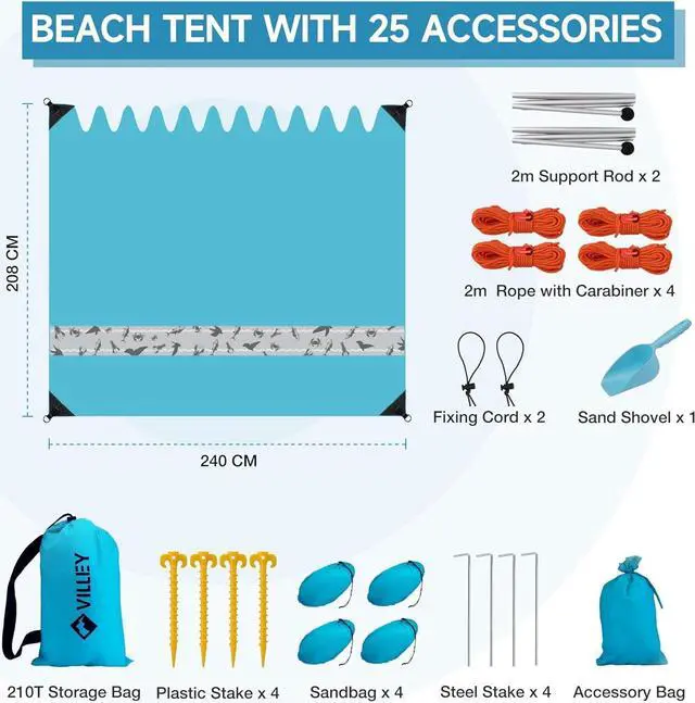 Alt view image 7 of 7 - Villey Beach Tent Sun Shelter with UPF50+ Protection, 8×7FT Portable Sun Shade with 2 Stability Poles, 8 Ground Pegs, 4 Sandbags and Sand Shovel, Outdoor Beach Canopy for Camping Trips, Picnics